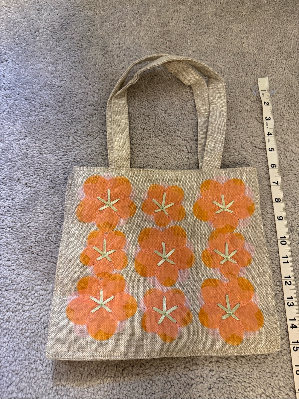 NWOT Vintage Romar International Linen Mini Tote Bag Orange Floral Appliqué